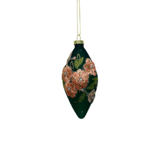 Tree Decorations: GREEN WITH PINK EMBROIDERY GLASS OLIVE