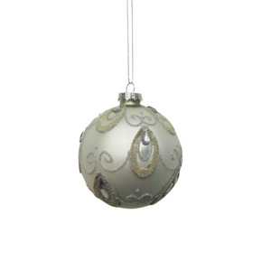 Tree Decorations: SILVER/WHITE GLASS BALL W GEM