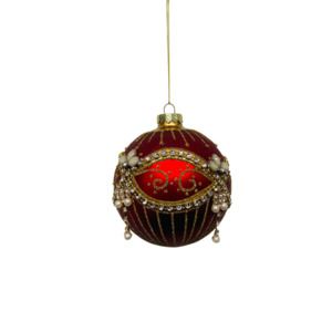 Tree Decorations: RED BALL WITH GOLD PAINT AND DIAMANTES