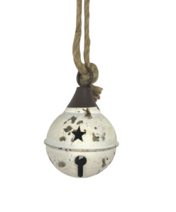 Tree Decorations: AGED WHITE METAL BALL BELL HANGING
