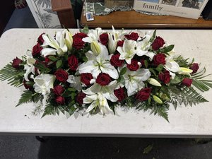 Classic Red Rose & White Lily Casket Spray - Elegant Floral Tribute - Flower&hellip;
