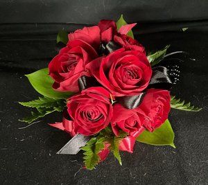 Red rose wrist corsage black pearl band - Flowers that Wow- Florist - South Auck&hellip;