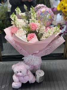 Products: Baby Girl Celebration Gift Set with Flowers, Teddy & Candle - Flowers that Wow- Florist - South Auckland Delivery