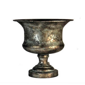 For The Boho Babe: Marseille Pewter Urn Planter – Classic Aged Metal Vase (27cm x 25cm)