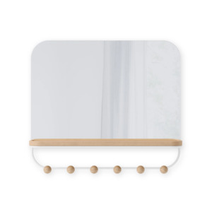 Monochrome Wood: Estique Mirror with Hooks and Tray by Umbra, Entryway Storage