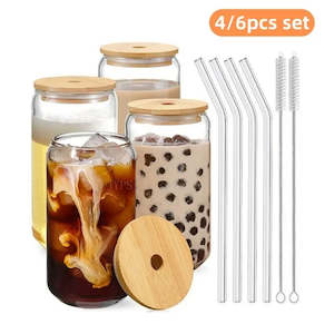 Kitchen Accessories: 550ml/400ml Glass Cup With Lid and Straw Transparent Bubble Tea Cup Juice Glass Beer Can Milk Mocha Cups Breakfast Mug Drinkware