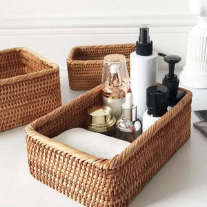 Laundry Bags: Handwoven Rectangular Rattan Wicker Basket Fruit Tea Snack Bread Picnic Cosmetic Storage Box Kitchen Supplies Household Tools
