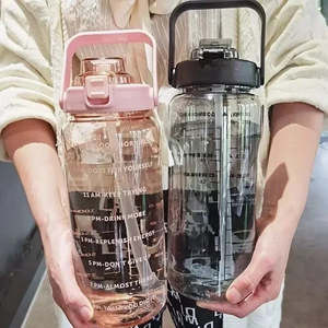 Water Bottles: 2L Portable Water Bottle Large Capacity Plastic Straw Water Cup Drink Bottle With Time Marker For Outdoor Sports Fitness