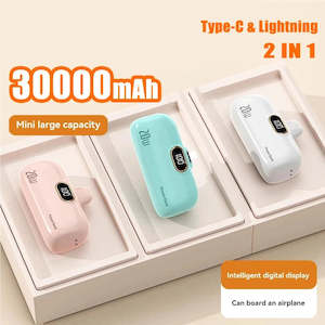 Tech Accessories: Xiaomi 30000mAh Mini Power Bank Built Cable Portable Mobile Phone Charger External Battery Capsule Powerbank For Type-C iPhone