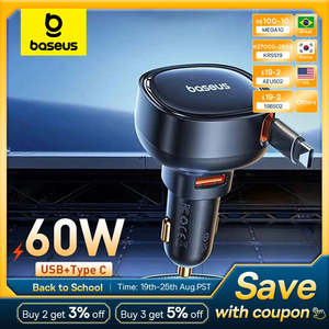Car Accessories: Baseus 60W Car Charger 2 in 1 Retractable Cable SCP 25W QC PD 30W Fast Car Phone Charger For iPad iPhone 15 14 13 Pro Samsung