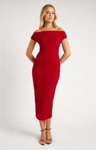 Dresses: Off Shoulder textured mesh midi dress red