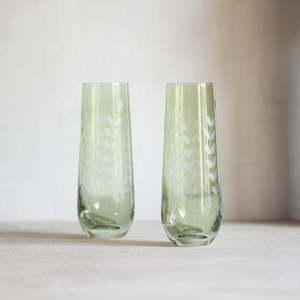 Glassware: Sienna Etched Stemless Flutes  | Set/2 | Green