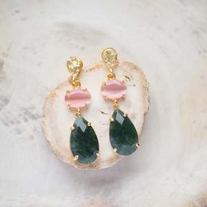 Jewellery: Raw Crystal Stone Earrings | Moss Agate + Pink