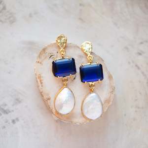 Raw Crystal Stone Earrings | Sapphire + Pearl