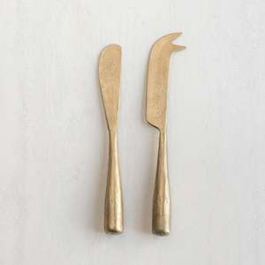 Food Prep Utensils: Solid Handle Cheese Knife + Spreader Set | Round | Antique Brass