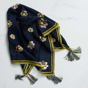 Embroidered Silk Scarf | Navy Blooms
