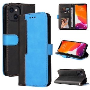 Products: iPhone 13,14 & 15 Retro Stitch PU Leather Case in Blue - FoneBitz