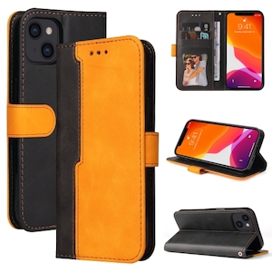 iPhone 13,14 & 15 Retro Stitch PU Leather Case in Orange - FoneBitz