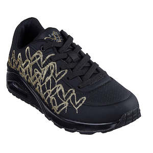 Skechers Uno Womens Trainers: Skechers Uno Golden Heart X JGoldcrown  Black Gold