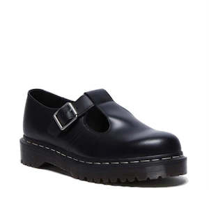 Dr Martens Bex Polley T-Bar Shoe Black Smooth White Stitch