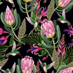 Proteas and Humming Bird -French Terry Cotton Spandex 50 cm