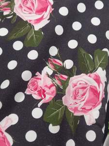 Prints: White Dot Pink Roses /black background Cotton printed spandex - 50cm