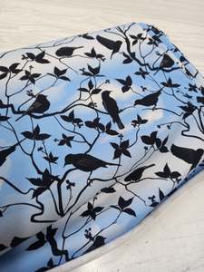 Birds in a tree on blue and white background,Cotton Spandex French Terry