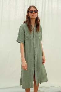 Dress: Indie & Cold Linen Shirt Dress - Basil