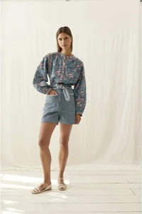 Louise Misha: Louise Misha Jane Shirt - Teal Garden of Eden
