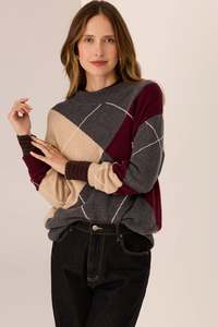 POL Loren Argyle Knit - Charcoal/Merlot/Pebble
