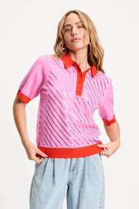 POM Cheering Pink Sequinned Polo Knit