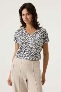 T Shirts: Garcia Summer Cobalt V Neck Printed T Shirt