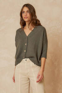 Indie & Cold Short Sleeve Knitted Cardigan - Khaki