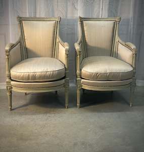 View All Available Antiques: Louis XVI-Style Carved and Sage Peinte Bergère Chairs