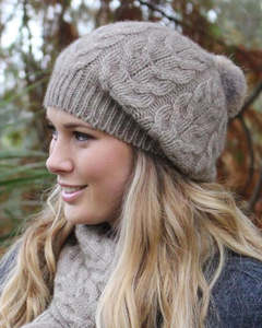 Hats: Relaxed Cable Hat w Fur Pompom