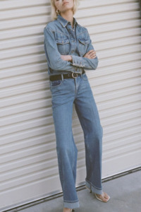 Pants Jeans: Outland Denim - Mia Cuffed Mid Wide Long Jean - Meridian Mid Blue