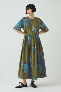 Dresses: Toast - Botanical Shadow Print Cotton Dress - Olive