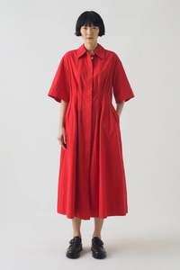 Dresses: Toast - Pleated Cotton Linen Dress - Cardinal Red