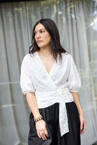 Annie: Annie - Maeve Wrap Blouse - White Embroidered Spot