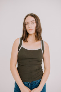 The Look Annie Classic Shirt: Annie - Juni Ribbed Contrast Tank - Khaki/Grey