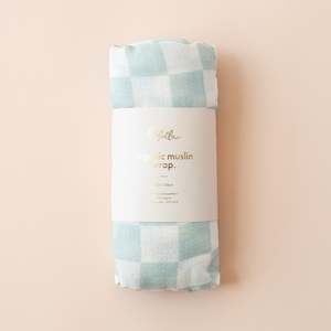 Blankets Swaddles: Sage Check Organic Muslin Wrap Swaddle - PREORDER (LATE FEB)