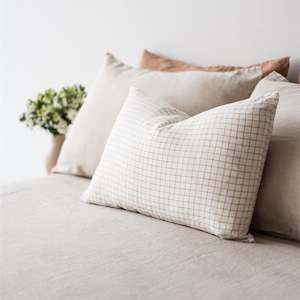 cushions: Malt Brown Grid Linen Rectangle Cushion Cover