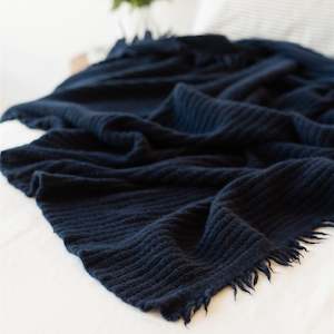 Wool: Navy Ribbed Wool Throw Blanket
