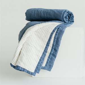 All Linen: Coastal Blue & Coastal Blue Stripes Linen Cot Quilt
