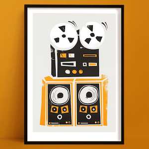 Mid Century Prints: Reel to Reel Player Print | Retro Music Wall Art