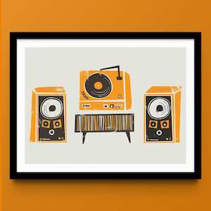 Mid Century Prints: Record Deck & Speakers Print | Art for Audiophiles