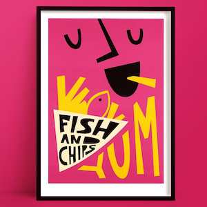 Pink Wall Art: Fish & Chips Print | Fast Food Decor