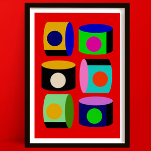 New Prints: Cylinder Drums | Bright Colourful Red Geometric Abstract Art Print