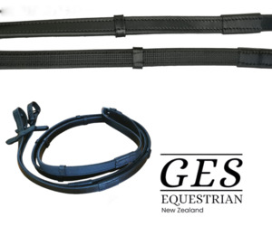 Bridle Accessories: GES Leather Reins With Rubber Grip Back- Black