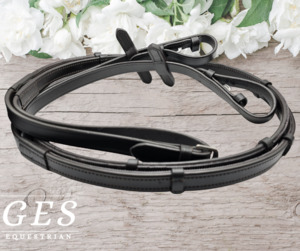 Bridle Accessories: GES Leather Reins With Rubber Grip Back- Havana Brown